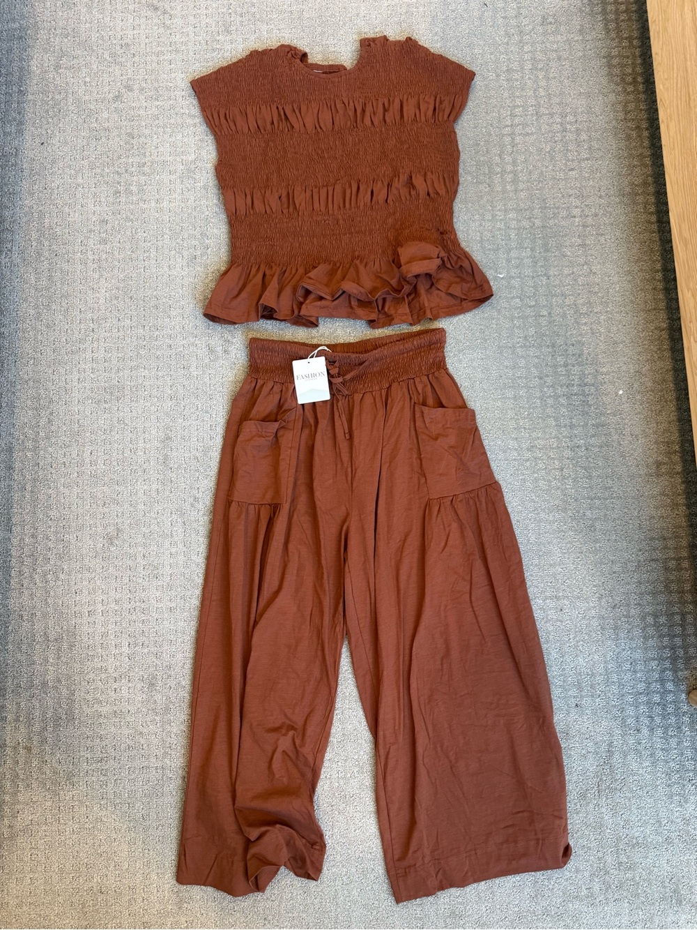 Amazon Women's Rust Smocked Top and Wide-Leg Pants Set